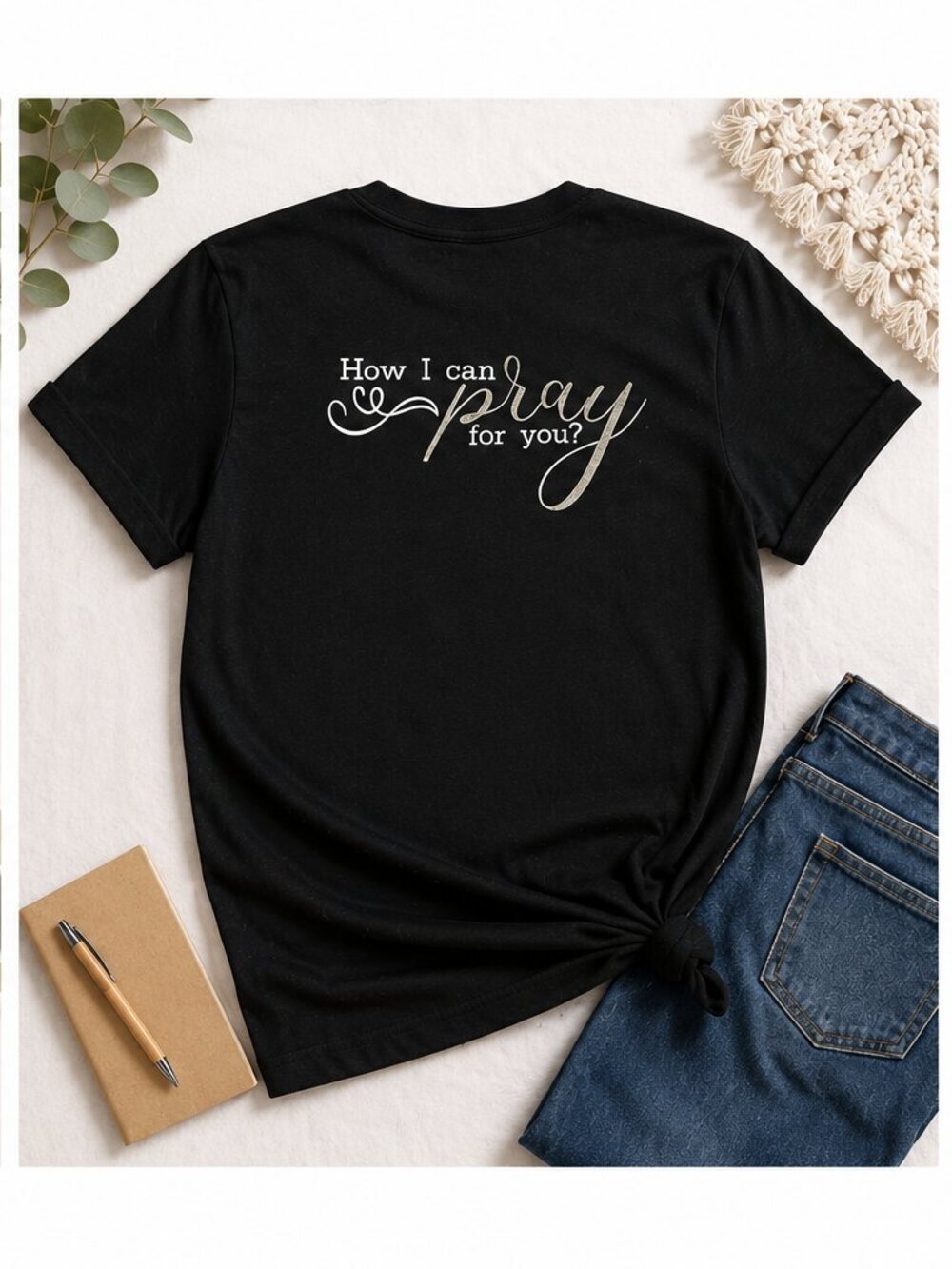 Evangelistic Tee- Tell me / How I can pray for you- Silver Sparkle
